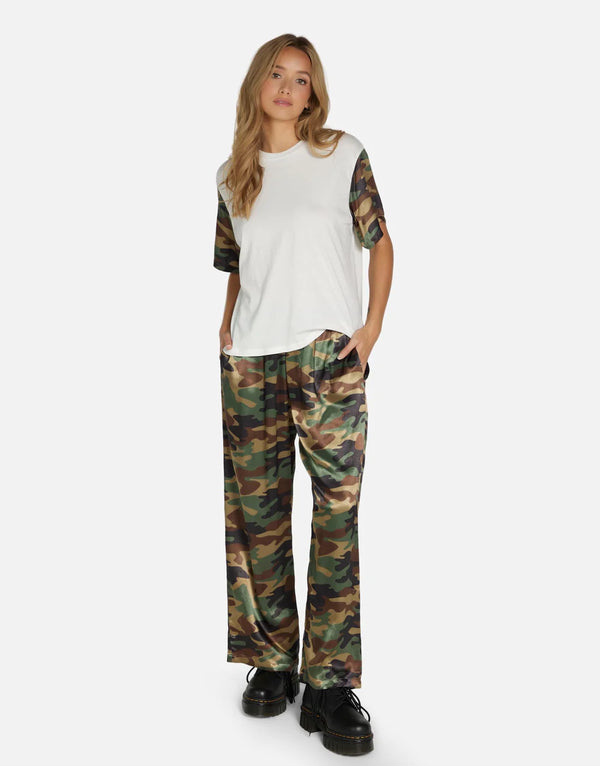 Mabel Camo Pant by Michael Lauren | Made in LA 100% Rayon Dry Clean Recommended ML Signature Soft Satin Fabric Elasticized Waistband Wide Leg Styling Side Pocket Detail | Alene Too located in Boca Raton