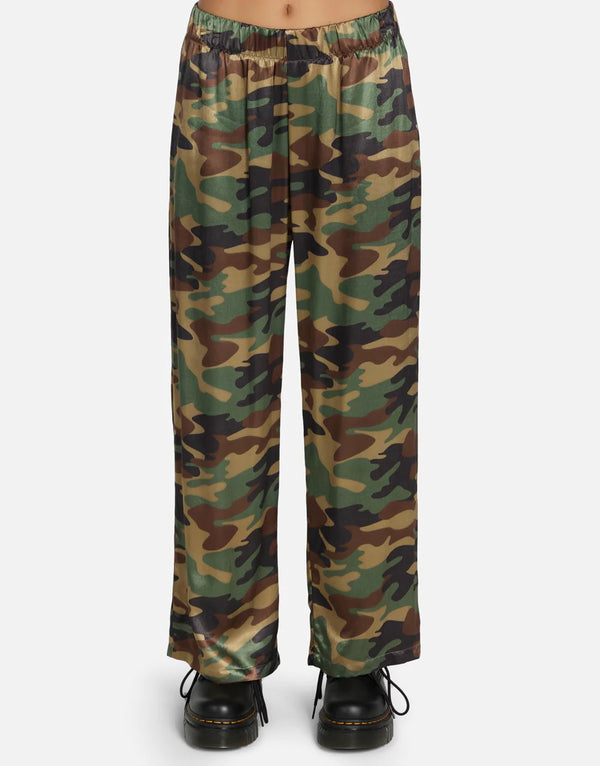 Mabel Camo Pant by Michael Lauren | Made in LA 100% Rayon Dry Clean Recommended ML Signature Soft Satin Fabric Elasticized Waistband Wide Leg Styling Side Pocket Detail | Alene Too located in Boca Raton, FL
