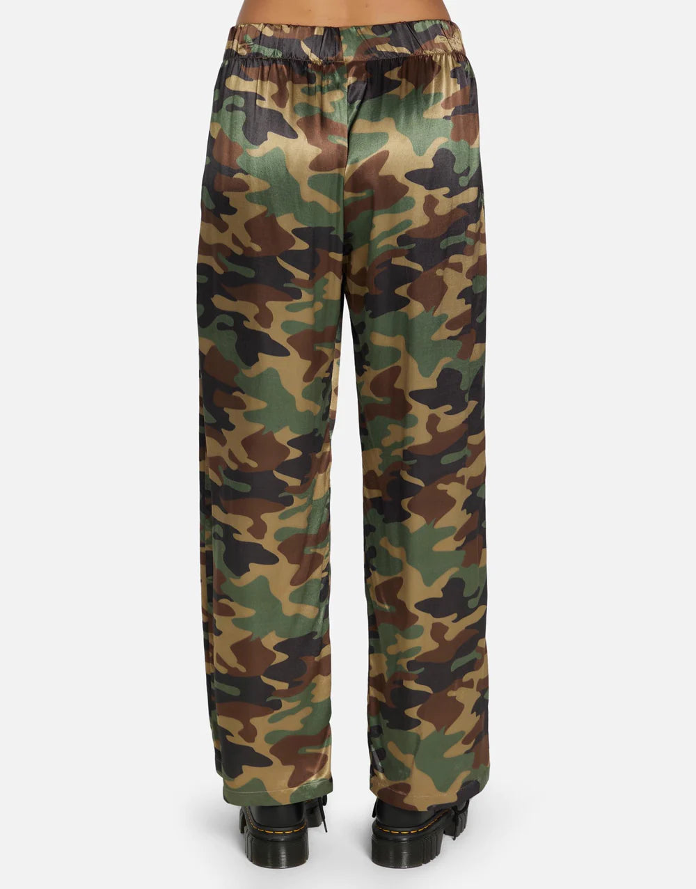Mabel Camo Pant by Michael Lauren | Made in LA 100% Rayon Dry Clean Recommended ML Signature Soft Satin Fabric Elasticized Waistband Wide Leg Styling Side Pocket Detail | Alene Too located in  FL