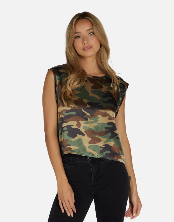 Armitage Camo Top by Michael Lauren | Made in LA 100% Rayon Dry Clean Recommended ML Signature Soft Satin Fabric Oversized Silhouette Cropped Length | Alene Too located in Boca Raton, FL