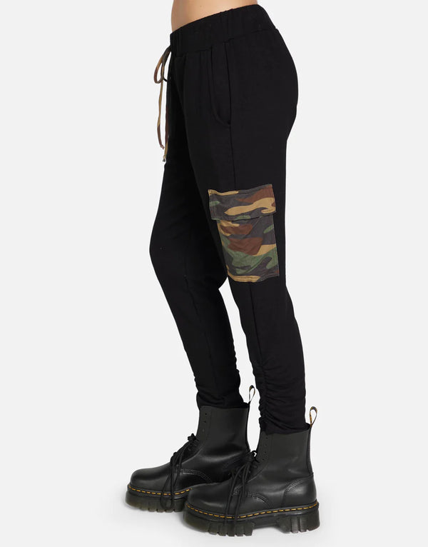 Archibald Camo Pant by Michael Lauren | Made in LA 98% Rayon 2% Spandex ML Signature Soft Knit Fabric Elasticized Waistband Ruched Hem Detail Cargo Flap Pockets Cropped Length | Alene Too located in Boca Raton