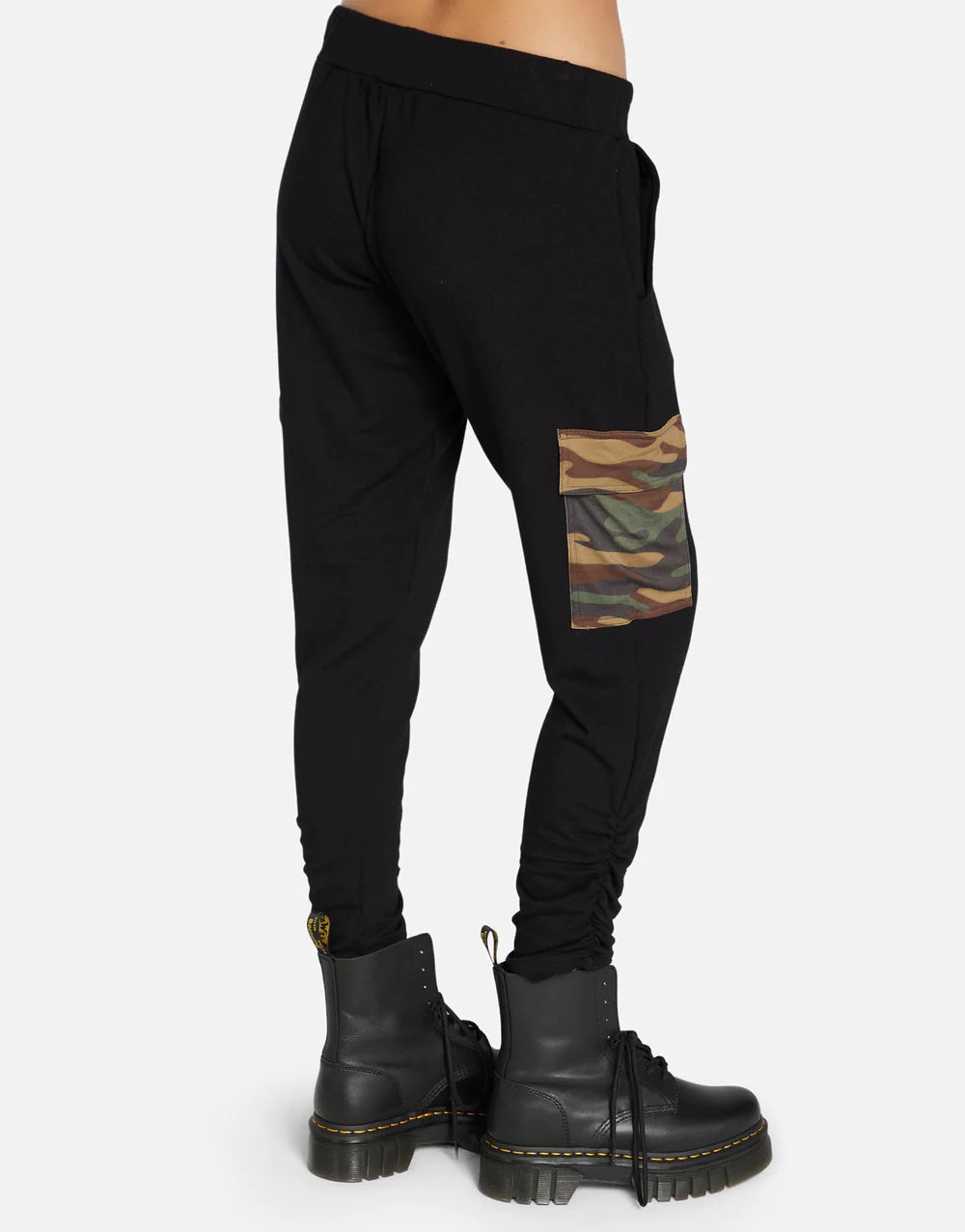 Archibald Camo Pant by Michael Lauren | Made in LA 98% Rayon 2% Spandex ML Signature Soft Knit Fabric Elasticized Waistband Ruched Hem Detail Cargo Flap Pockets Cropped Length | Alene Too located in  FL